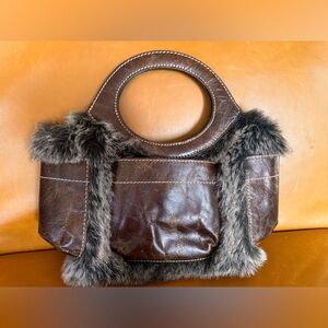 Elegant Brown Handbag with Faux Fur Accents
